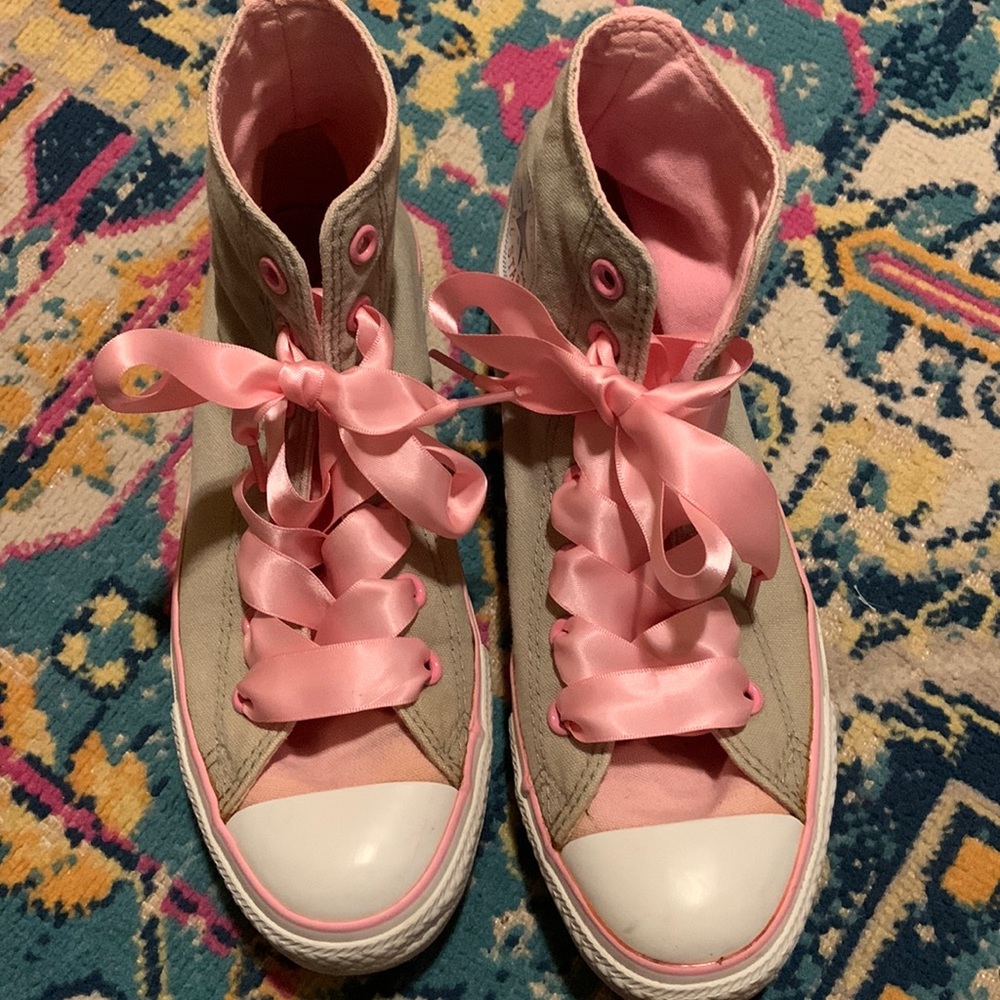Pink and grey high top converse